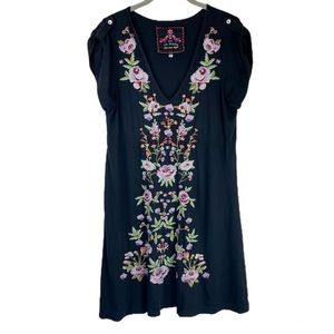 Johnny Was Joy Love Light Black Floral Embroidered Mini Dress Sz Large